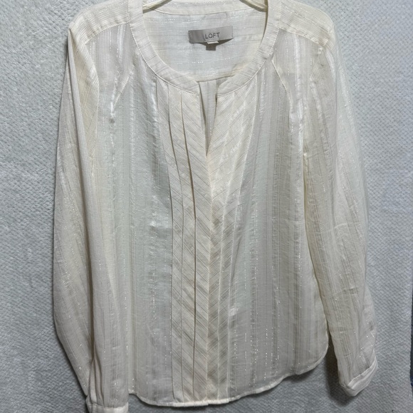 LOFT Women's Cream Striped Blouse include metallic silver threads - Picture 1 of 14